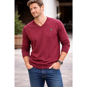 Ralph Lauren V Neck Sweater Mens M Burgundy Knit Classic Preppy Logo